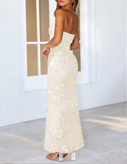 MEROKEETY floral strapless maxi dress - summer mesh tube bodycon style.