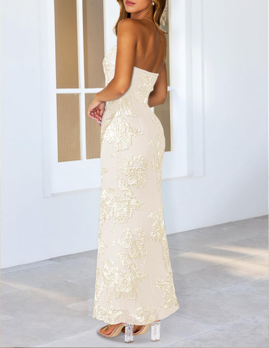 MEROKEETY floral strapless maxi dress - summer mesh tube bodycon style.
