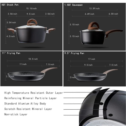 Vkoocy cookware set — Nonstick induction with granite stone finish and wood handle