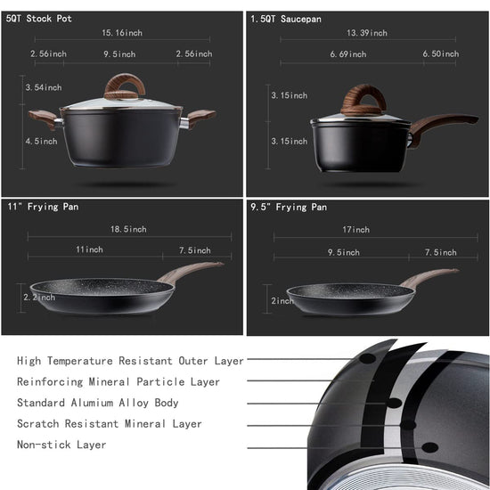 Vkoocy cookware set — Nonstick induction with granite stone finish and wood handle