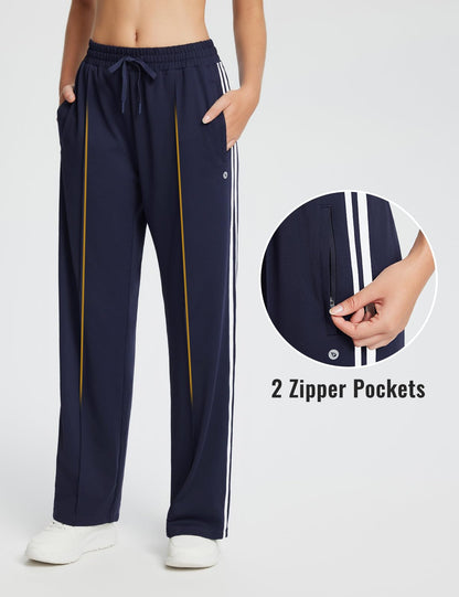 Baleaf womens track pants - Straight leg with zipper pockets and striped design