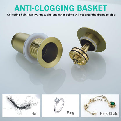 SEABEFORE All Metal Bathroom Sink Drain,Pop-up Drain with Detachable Basket Stopper,Anti-Clogging Drain Strainer,Hair Catcher,for Vanity Vessel Sink Without Overflow,Brushed Gold,SE83997PB-BG