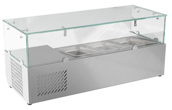 KoolMore refrigerated countertop condiment prep rail with stainless steel cover