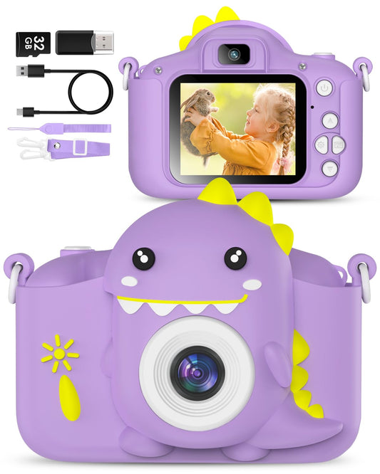 Kids camera for toddlers with 32GB card and selfie feature.