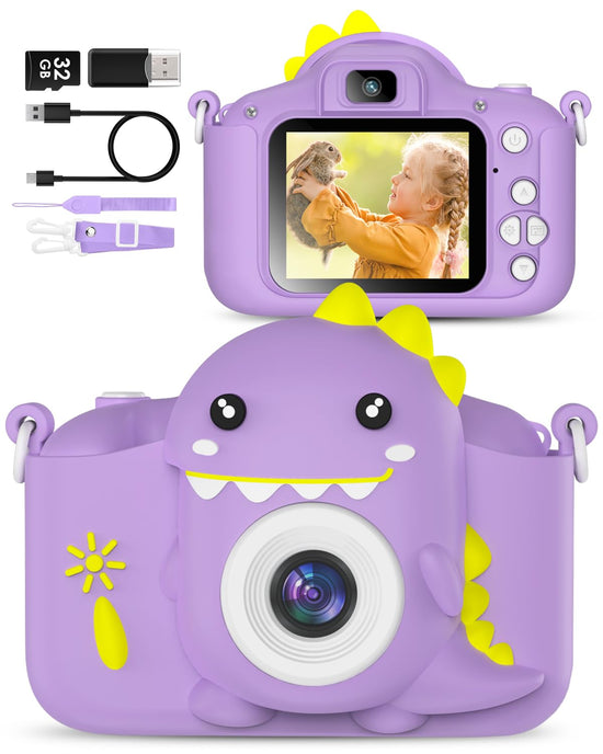 Kids camera for toddlers with 32GB card and selfie feature.