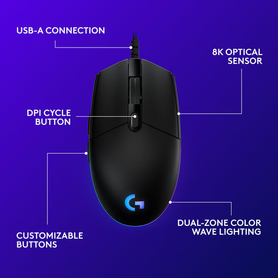 Logitech G203 wired gaming mouse — 8000 DPI with RGB lighting effects and 6 buttons