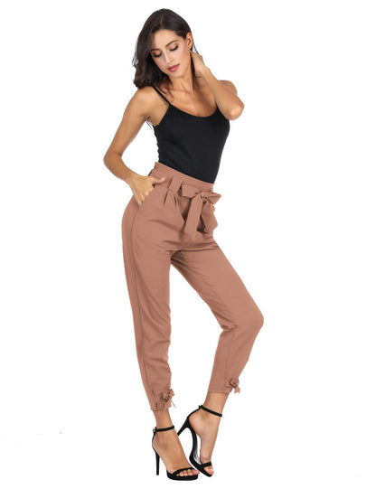 Grace Karin cropped paper bag pants with pockets and bow-knot detail