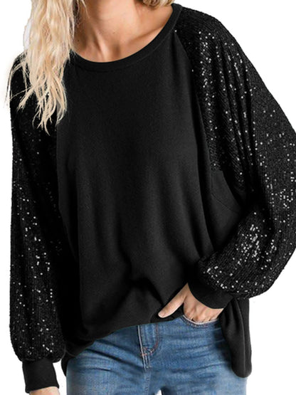 Shirt — Women's sequin long sleeve crewneck top with loose fit