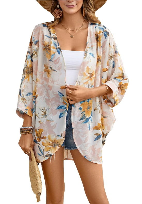 Women's kimono cardigan with floral print chiffon and bat sleeves