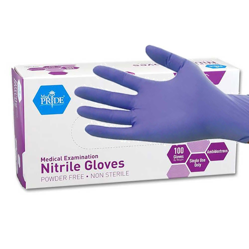 MedPride protective gloves — powder-free nitrile exam gloves in iris blue, medium, box of 100