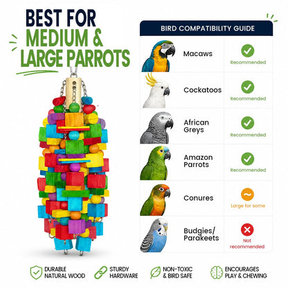 Zephyriel bird toy — natural wood blocks with stainless steel chain for large parrots
