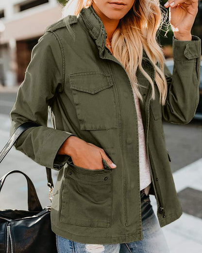 Soulomelody women military anorak coat with pockets and snap buttons