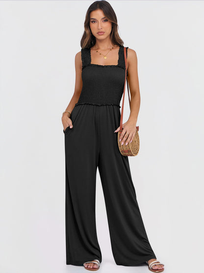 ANRABESS one piece outfit — Smocked sleeveless wide leg romper with pockets