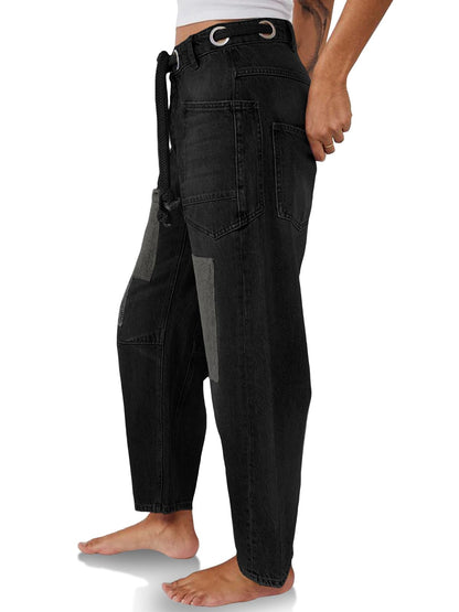 PANTS — Baggy barrel horseshoe jeans with pockets and patchwork design
