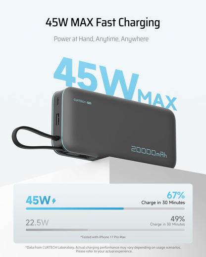 CUKTECH power bank with built-in USB C cable and LED display, 20000mAh capacity