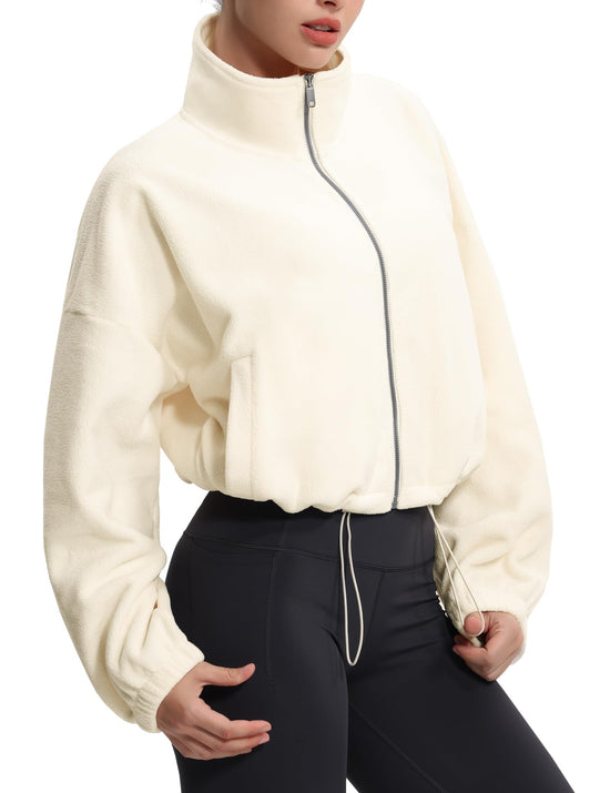 Coat — Fleece cropped jacket with drawstring hem and pockets by The Gym People