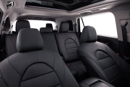 coverdream vehicle seat covers with semi-coverage for Honda Pilot Trailsport 2023-2026, black leather full set, 7-seat configuration, 2nd-row captain seats