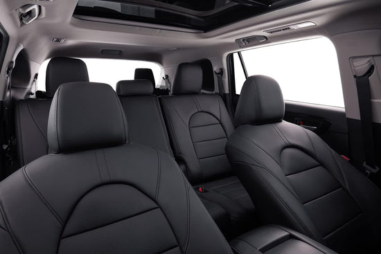 coverdream vehicle seat covers with semi-coverage for Honda Pilot Trailsport 2023-2026, black leather full set, 7-seat configuration, 2nd-row captain seats