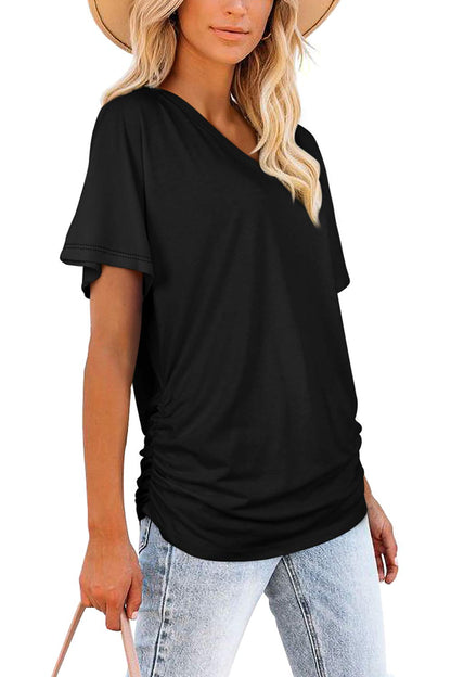 Shirt — Short sleeve v neck dolman top with side shirring