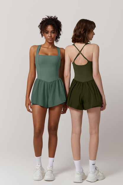 ONE_PIECE_OUTFIT — Square neck sleeveless romper with pocket by QINSEN