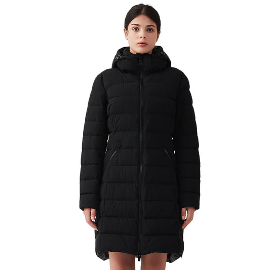 IKAZZ women's coat - packable long hooded vegan down parka jacket
