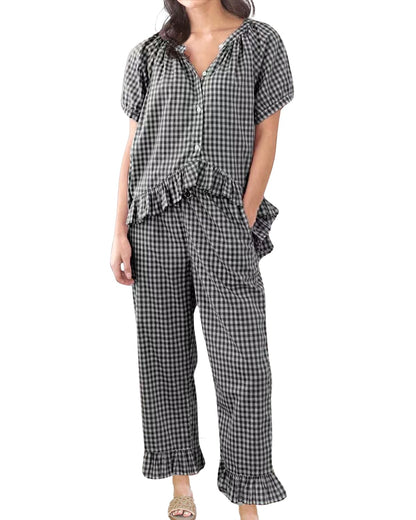 Codcm pajamas — Gingham 2 piece short sleeve babydoll set with pants