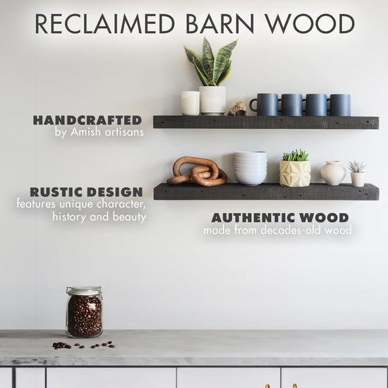 Urban Legacy floating shelves with reclaimed barnwood planks and shelf bracket set includedUrban Legacy floating shelves — reclaimed barnwood planks with bracket set included