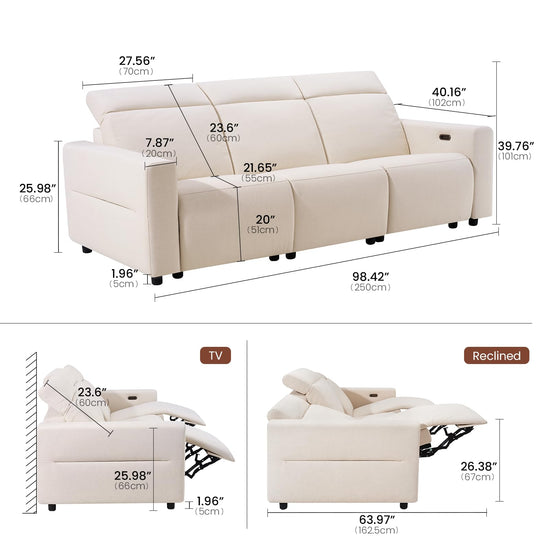 ModernMate 98" Power Reclining 3-Seater Sofa, Oversize Zero Gravity Recliner Sofa with Manual Adjustable Headrest, Zero Wall Hugger Recliner Couch with USB & Type-C Ports, 27.6" Extra Wide Seat, Beige