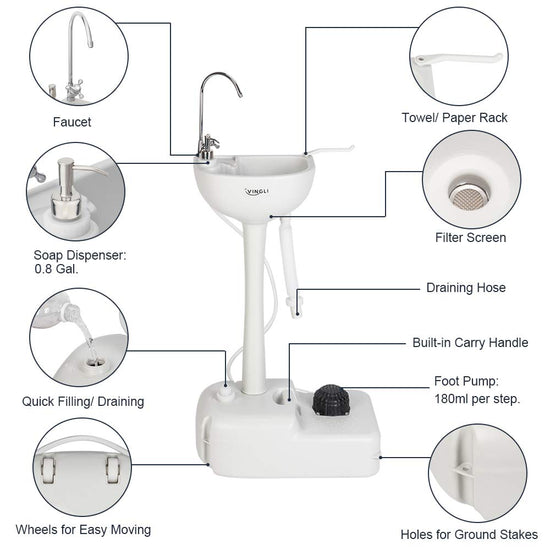 VINGLI portable sink — upgraded design with wheels and accessories for convenience