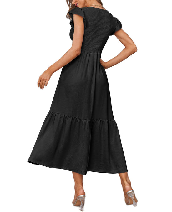 OFEEFAN women's maxi dress with pockets and ruffle sleeves