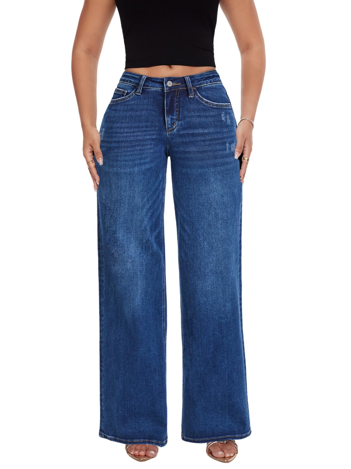 PANTS — Mid-low rise baggy wide leg distressed denim for women