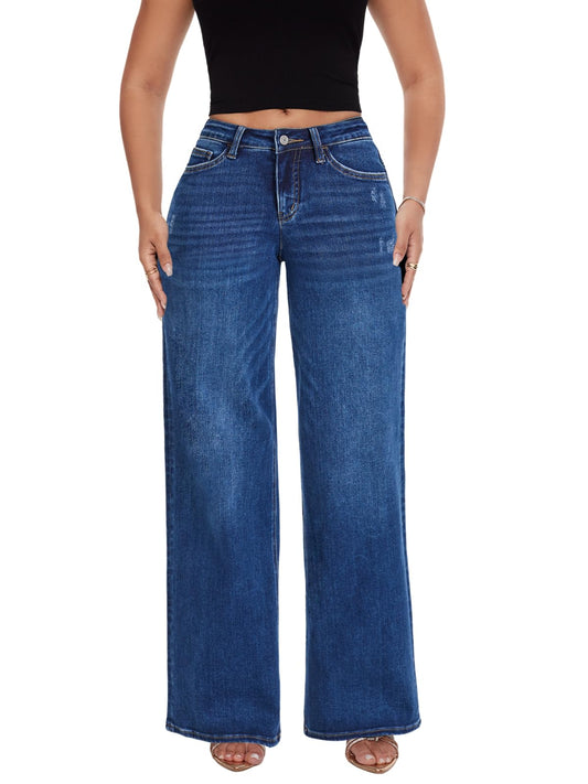 PANTS — Mid-low rise baggy wide leg distressed denim for women
