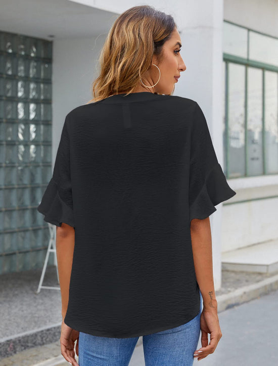 Shirt — White chiffon ruffle short sleeve v neck top by BMJL
