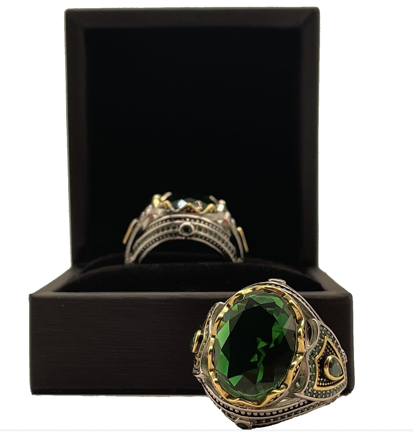 TASHILONG Emerald Stone Men Silver Ring 925 Silvering Emerald Gemstone Ring Handmade Engraved Turkish Silver Ring with Natural Emerald Stone (9)