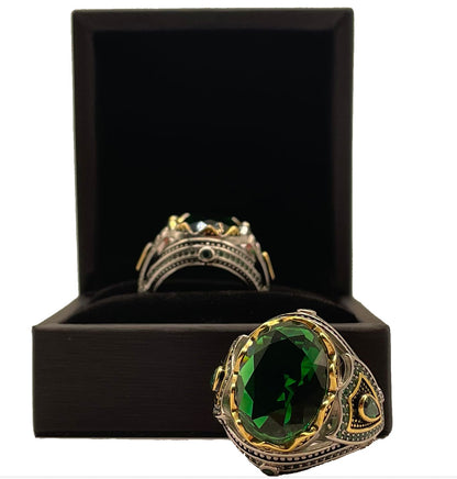 TASHILONG Emerald Stone Men Silver Ring 925 Silvering Emerald Gemstone Ring Handmade Engraved Turkish Silver Ring with Natural Emerald Stone (9)