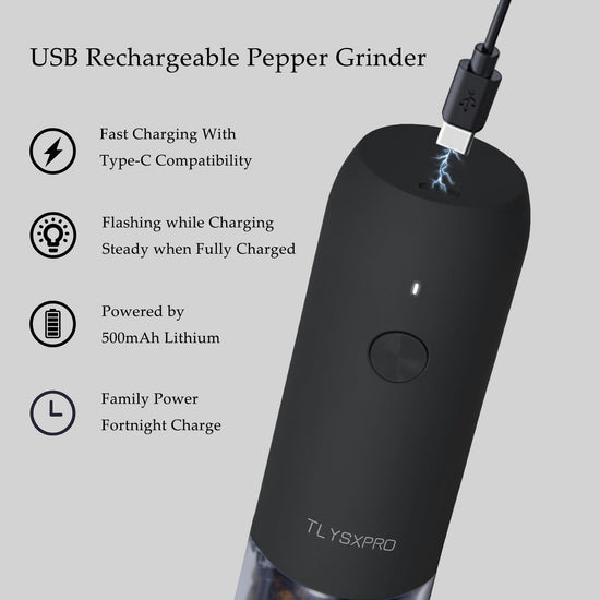 Electric salt and pepper grinder set — electric operation and adjustable coarseness