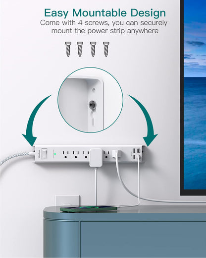 Power strip — Surge protector with USB C and flat plug design
