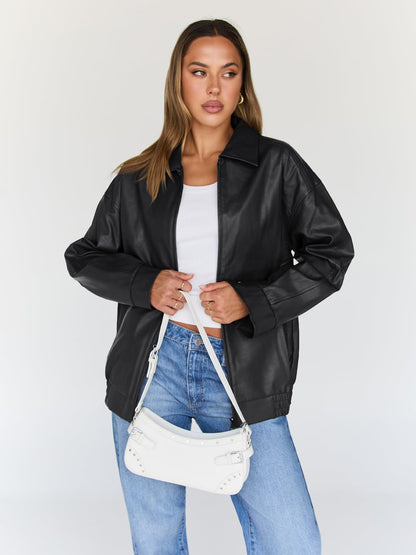 Coat — oversized leather moto bomber jacket by Trendy Queen for spring and fall