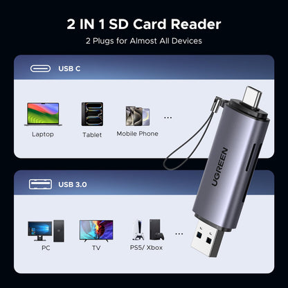 UGREEN memory card reader — 2 in 1 USB C and USB 3.0 compatibility with devices