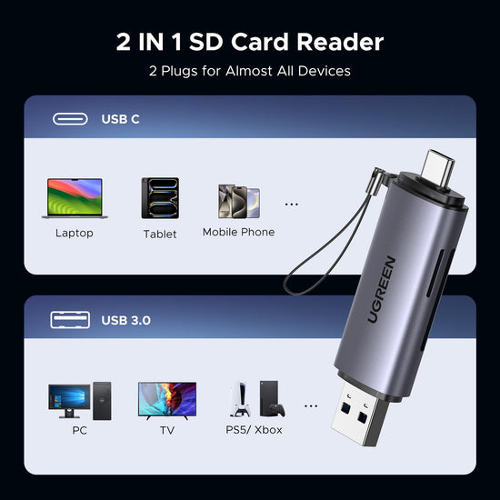 UGREEN memory card reader — 2 in 1 USB C and USB 3.0 compatibility with devices
