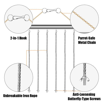 Stainless Steel Parrot Toy Hanging Rack, Large Bird Toy Stand with 6 Hanging Cables & Swivel Hooks, Chew Toy Holder for Macaws, Cockatoos, African Greys, Bird Cage Accessory for DIY Toy