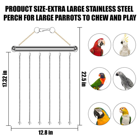 Stainless Steel Parrot Toy Hanging Rack, Large Bird Toy Stand with 6 Hanging Cables & Swivel Hooks, Chew Toy Holder for Macaws, Cockatoos, African Greys, Bird Cage Accessory for DIY Toy
