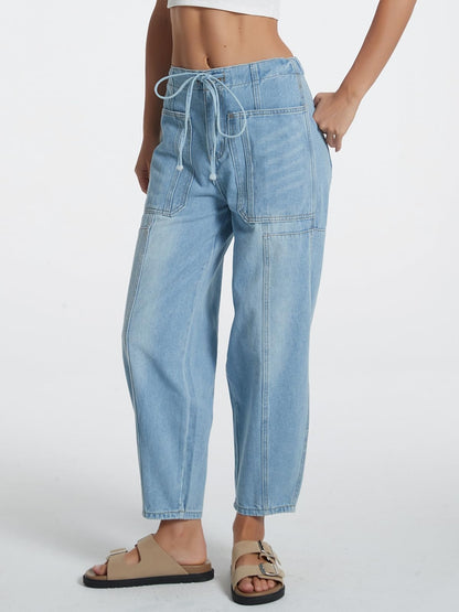 LifeShe women's wide leg baggy jeans - elastic waist ankle denim pants