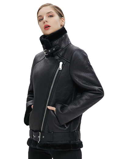 Coat — Faux shearing moto jacket with thick lining and shearling detail