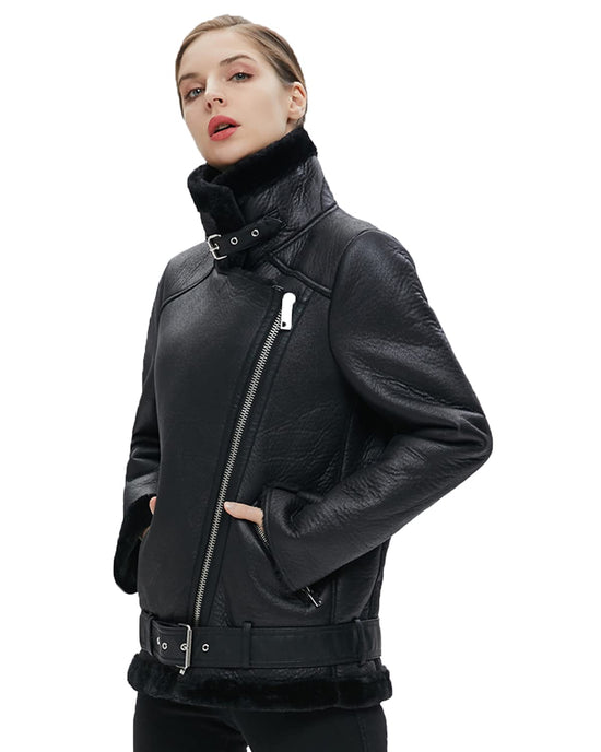 Coat — Faux shearing moto jacket with thick lining and shearling detail