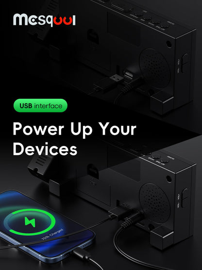 Digital projection alarm clock — 180° rotatable projector with USB charger and dual alarms