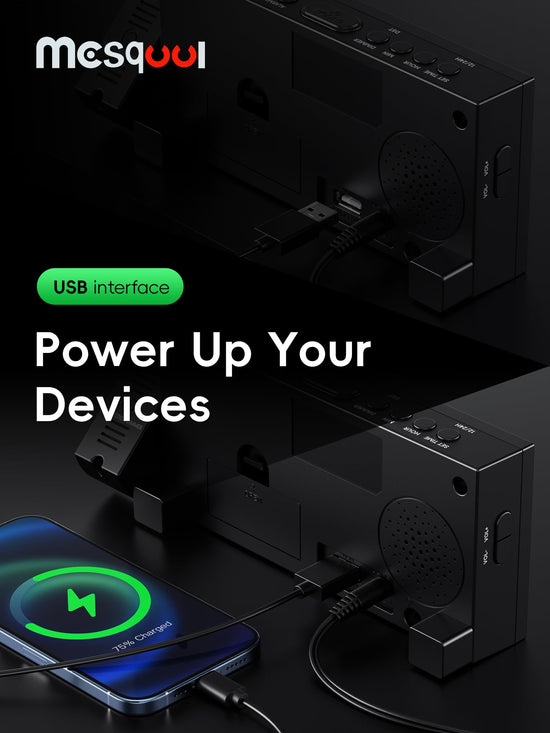 Digital projection alarm clock — 180° rotatable projector with USB charger and dual alarms