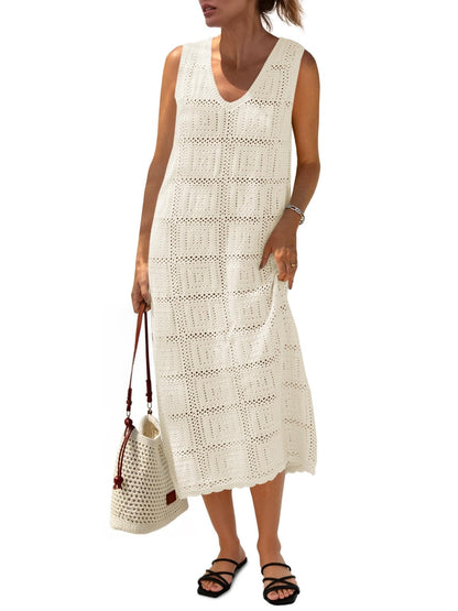 Fisoew womens dress — crochet sleeveless v neck boho knit cover up