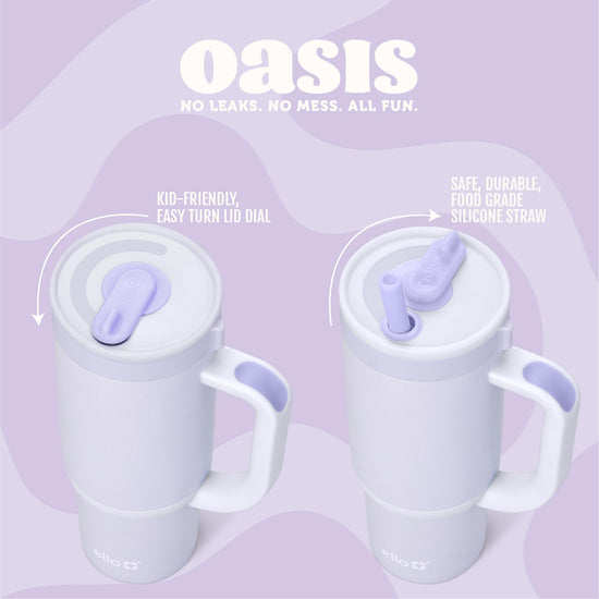 Ello Oasis drinking cup — insulated stainless steel with handle and straw retracts