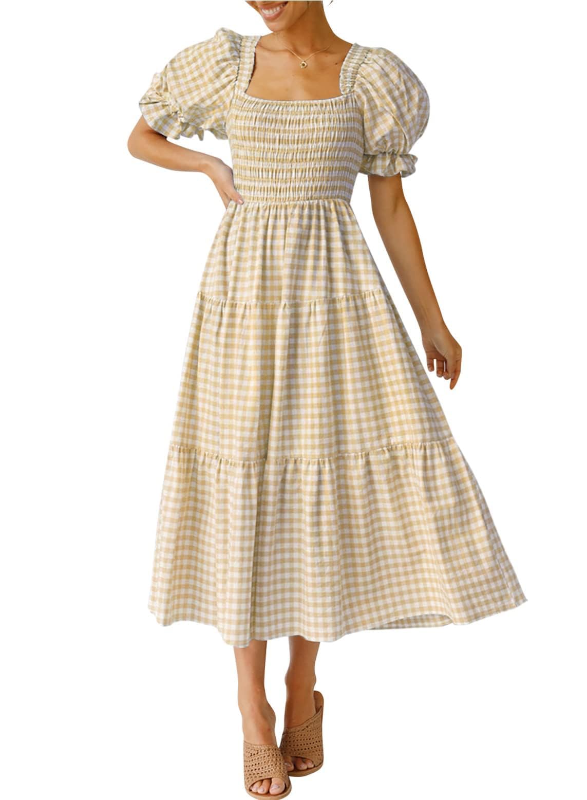 ZESICA dress — Boho gingham puff sleeve midi dress